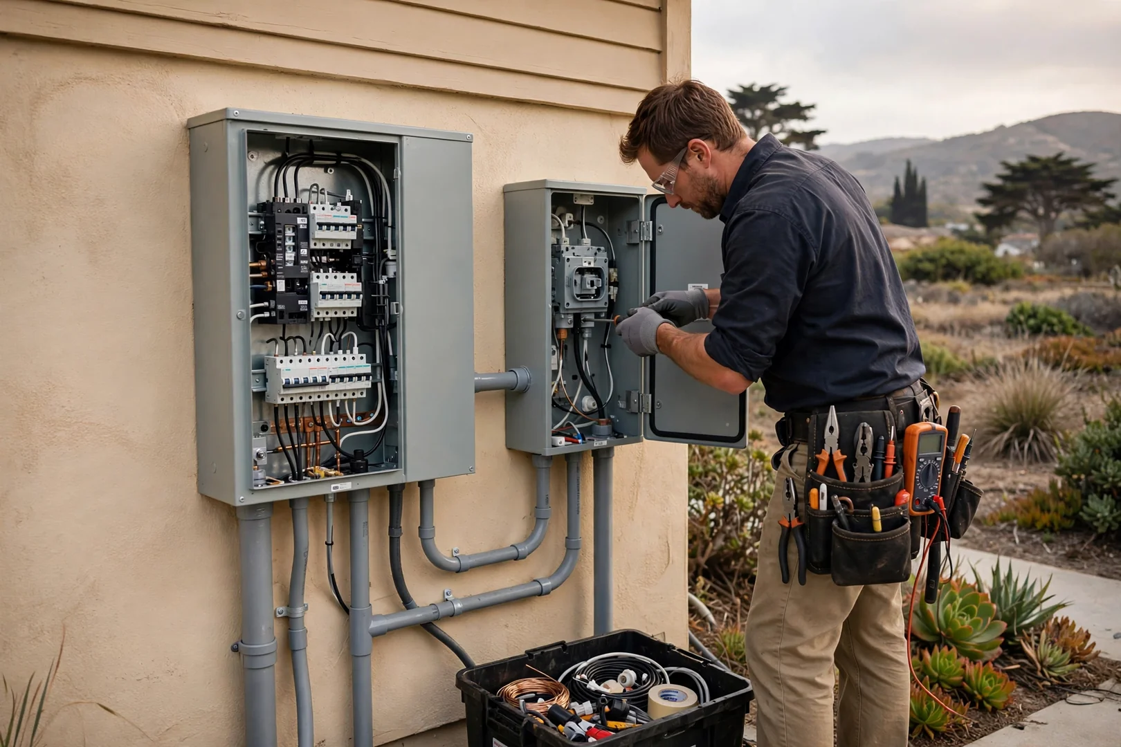 Upgraded main service panel with solar disconnect mounted beside it