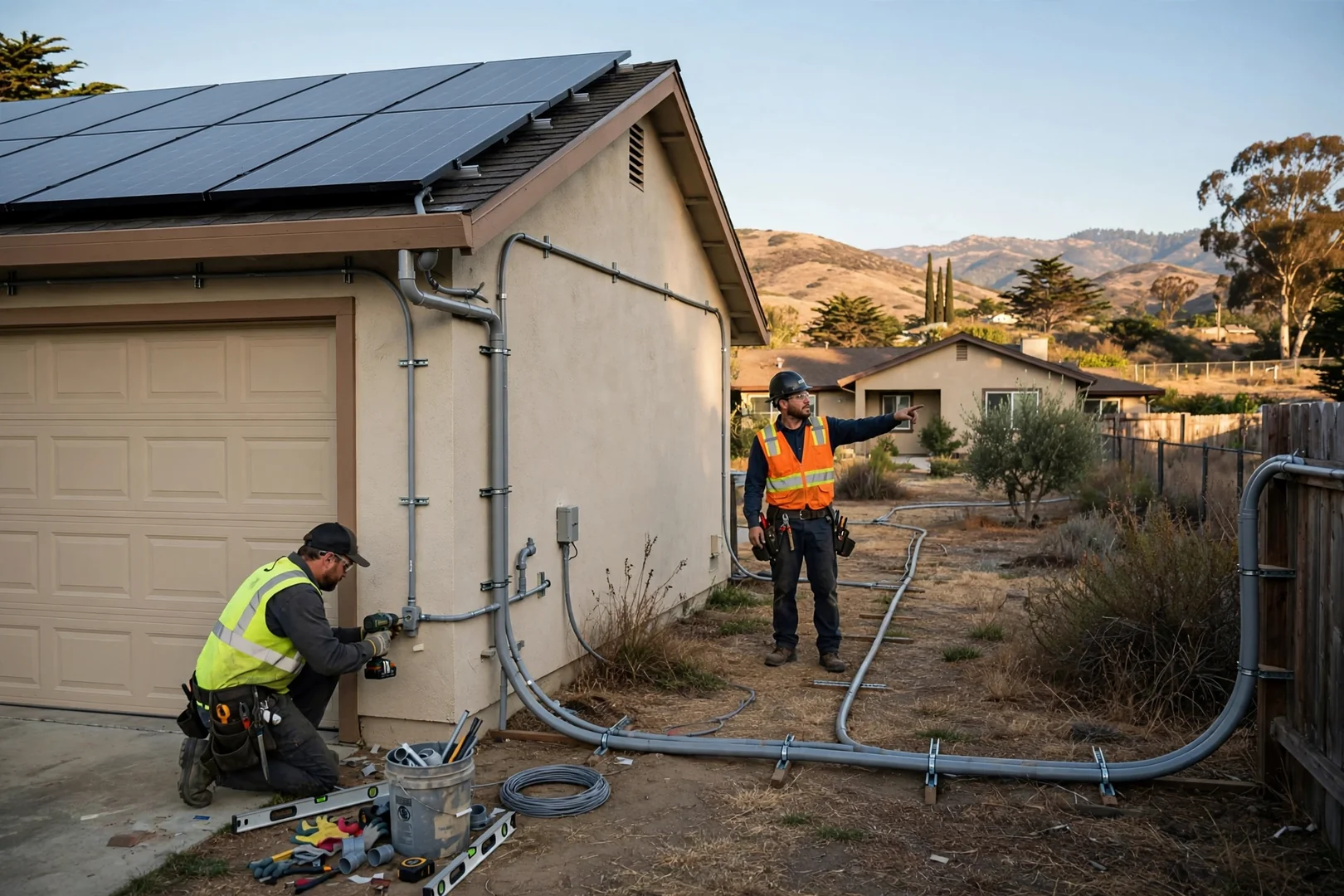 Detached garage solar array with conduit run toward the main house