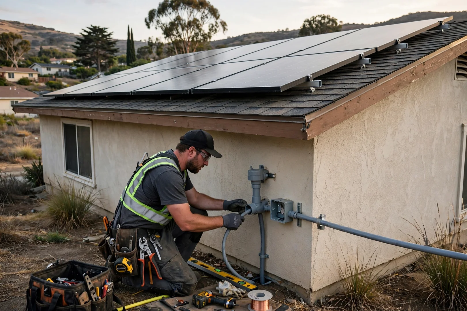 Single-story ranch home solar array with battery ready conduit stub