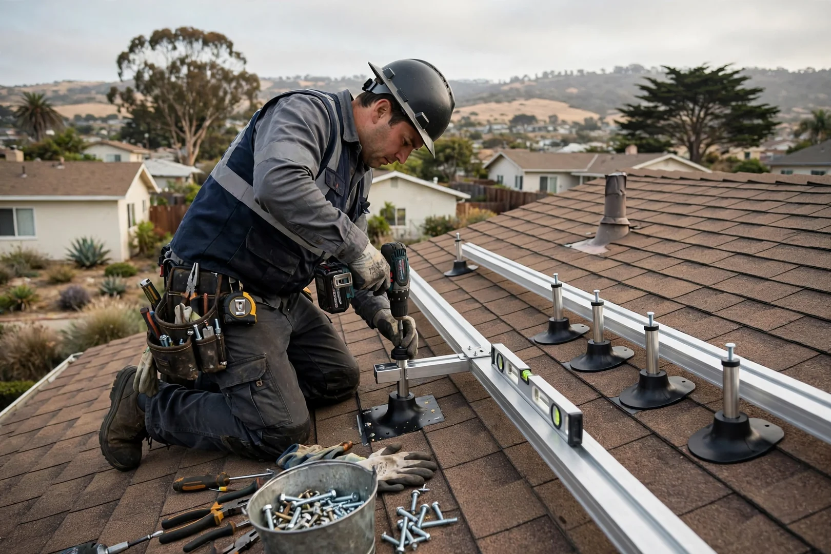 Installer setting aluminum rails and standoffs on a residential roof deck