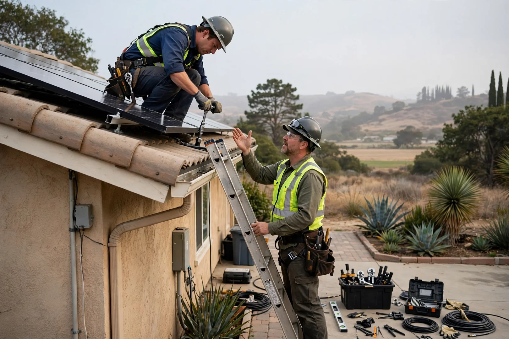 Technician mounting a lithium battery cabinet beside a home electrical panel in Salinas