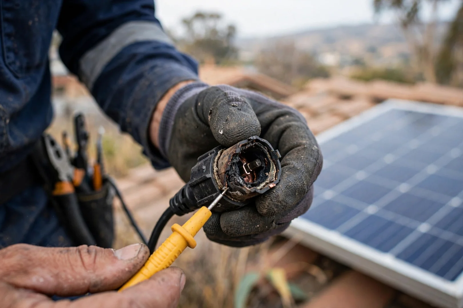 Technician wiring a critical load subpanel beside a hybrid inverter