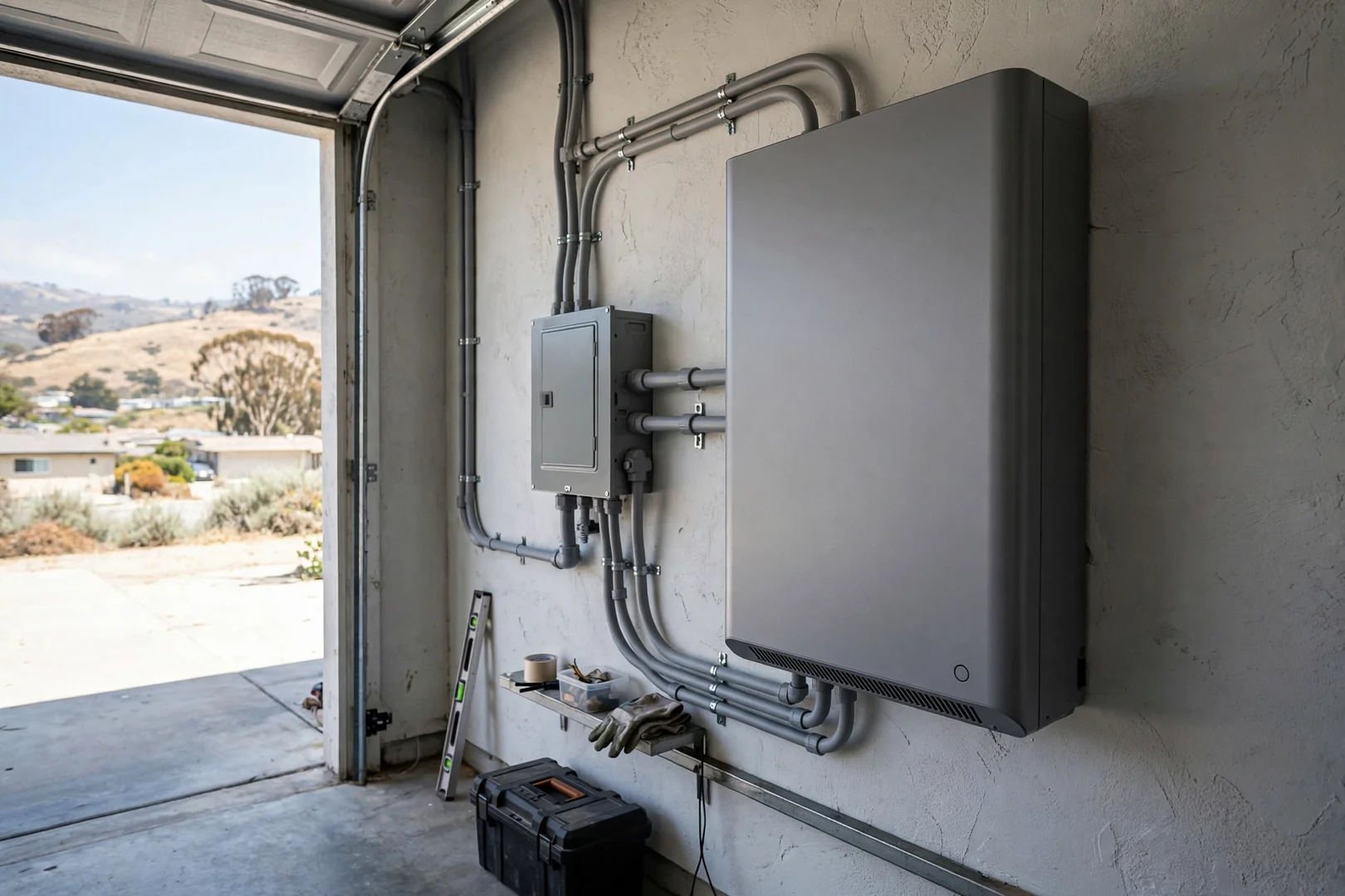 Lithium battery cabinet mounted on a clean garage wall with labeled conduit