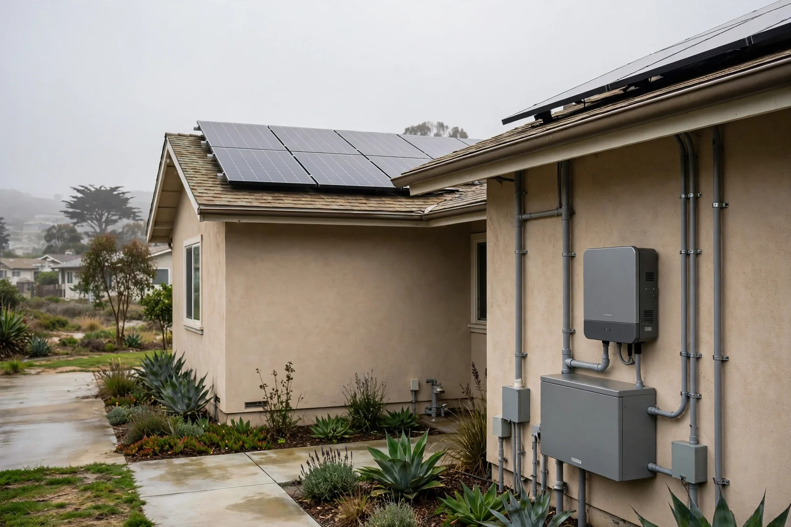 Rooftop solar array above a home with new AC-coupled storage below