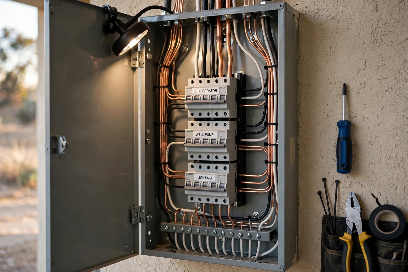 Open critical load subpanel with labeled breakers for backup circuits