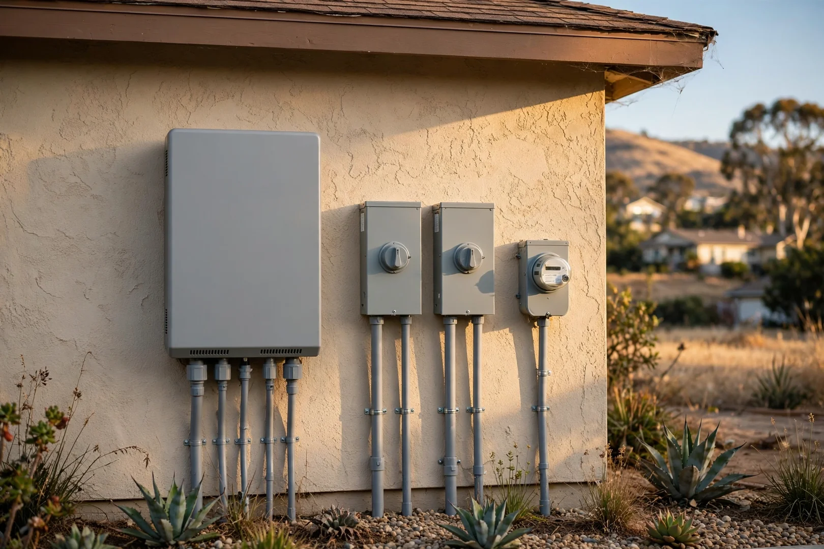 New hybrid inverter mounted beside disconnect switches on exterior wall