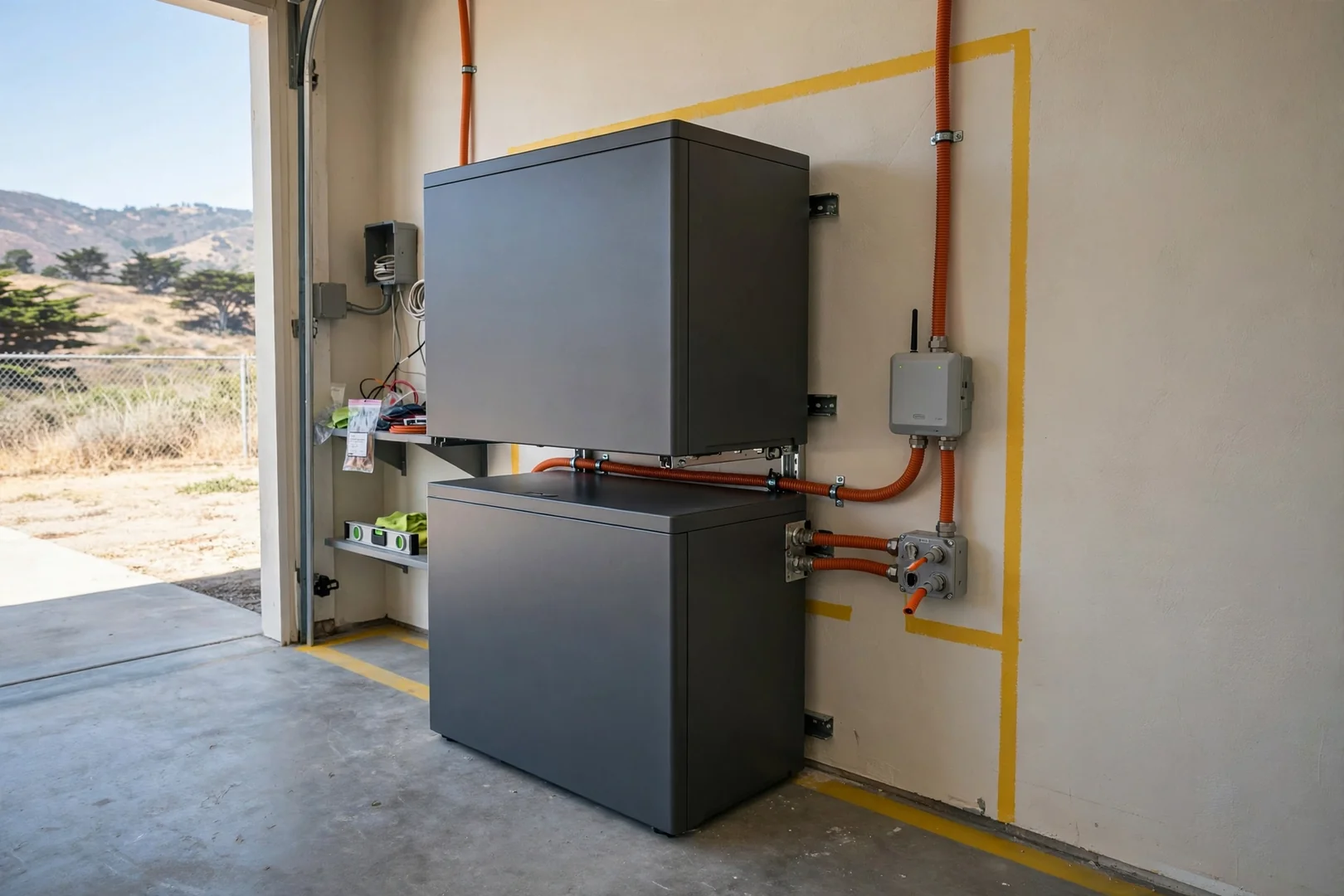 Two stacked home battery modules installed in a utility room in Salinas