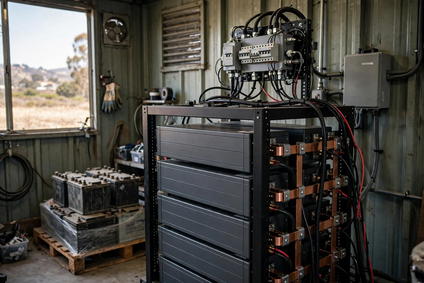 Rack-mounted lithium battery bank replacing an aging lead-acid setup