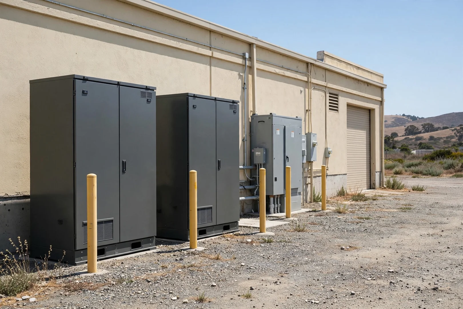 Commercial battery cabinets and switchgear installed along a shop wall