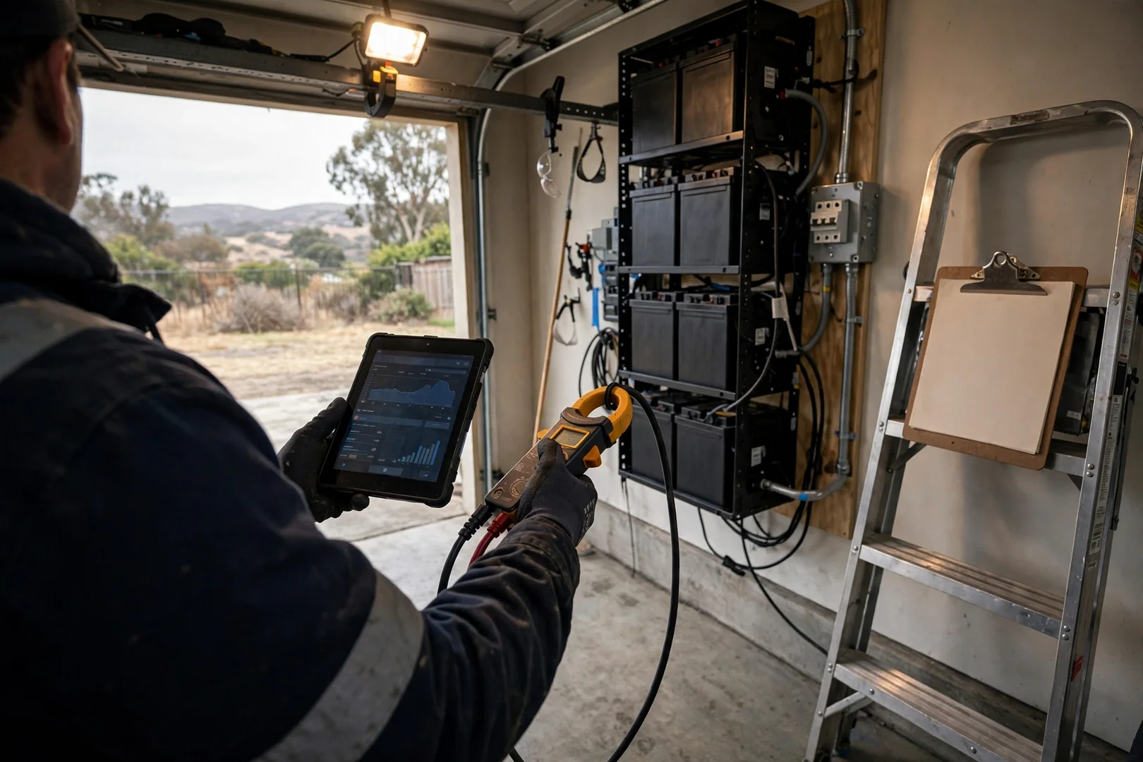 Technician recording state of charge readings during battery commissioning