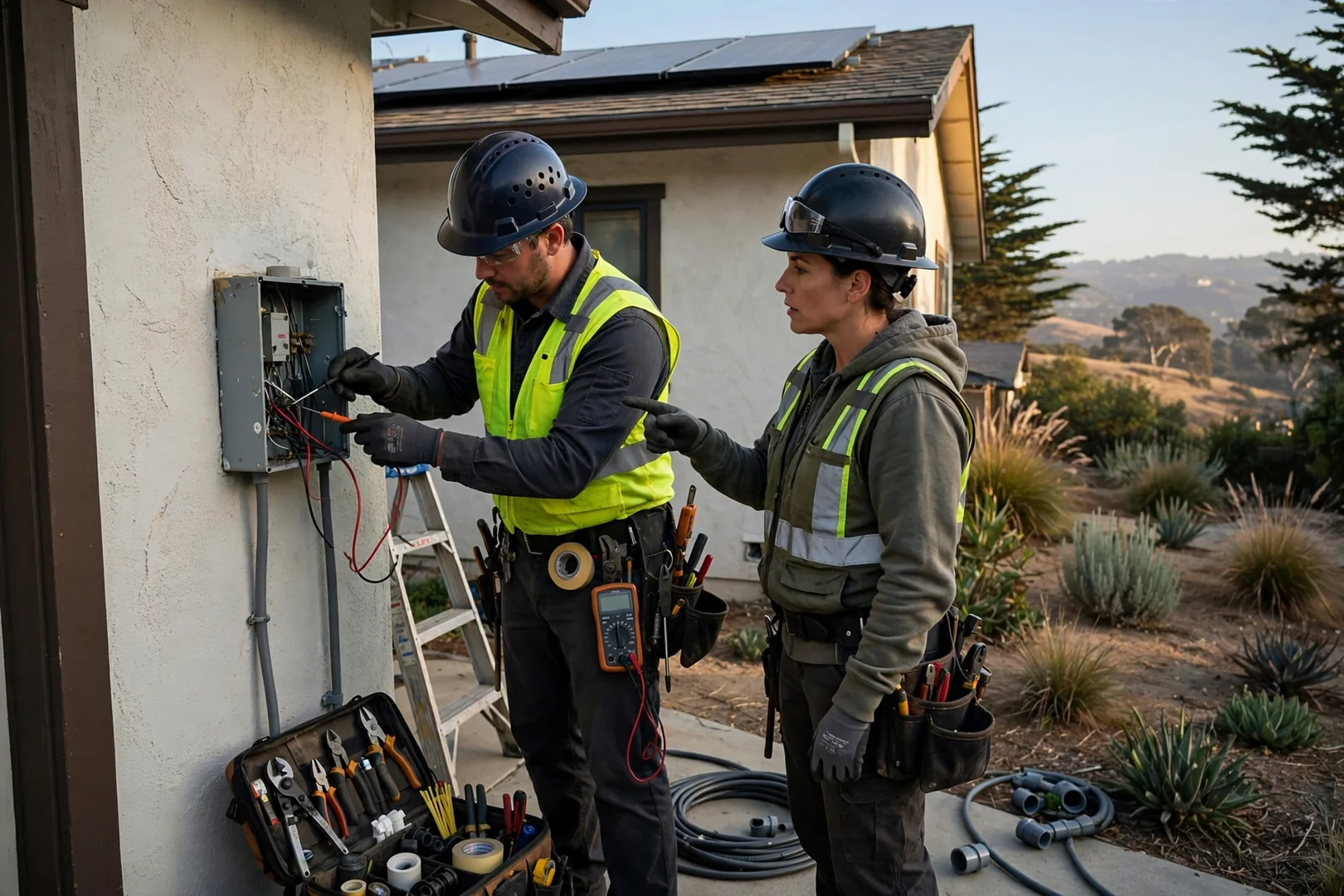 Technician mounting a home solar battery on a garage wall