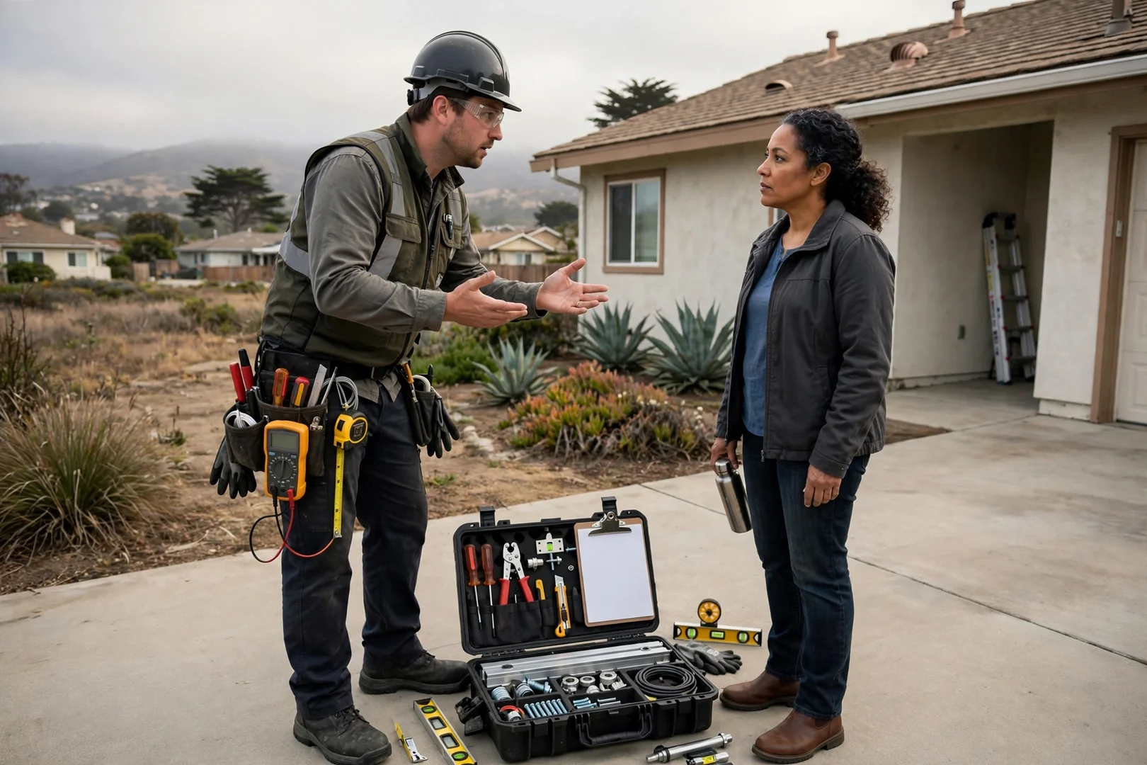 Written inverter replacement estimate reviewed with a homeowner next to solar equipment in Salinas