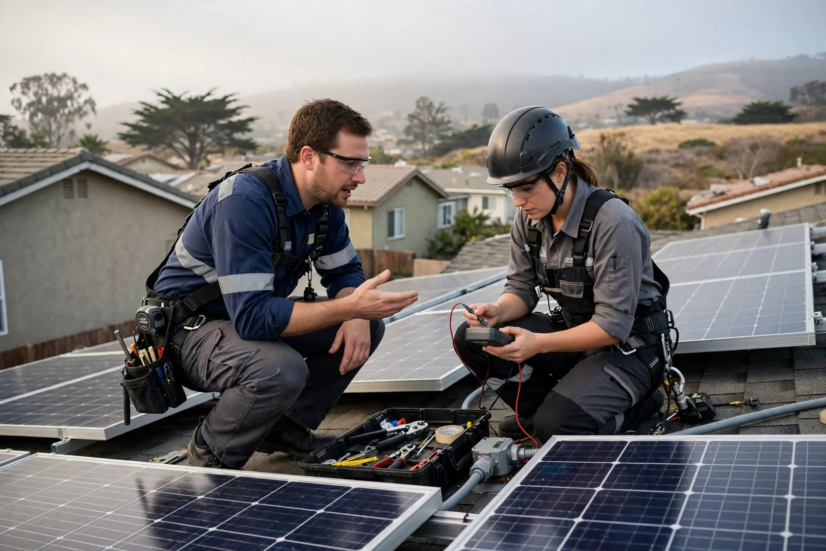 Technician wiring a replacement solar inverter on a Salinas home