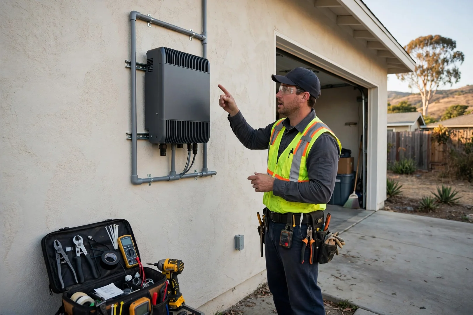 New string inverter mounted on garage wall of a Salinas home
