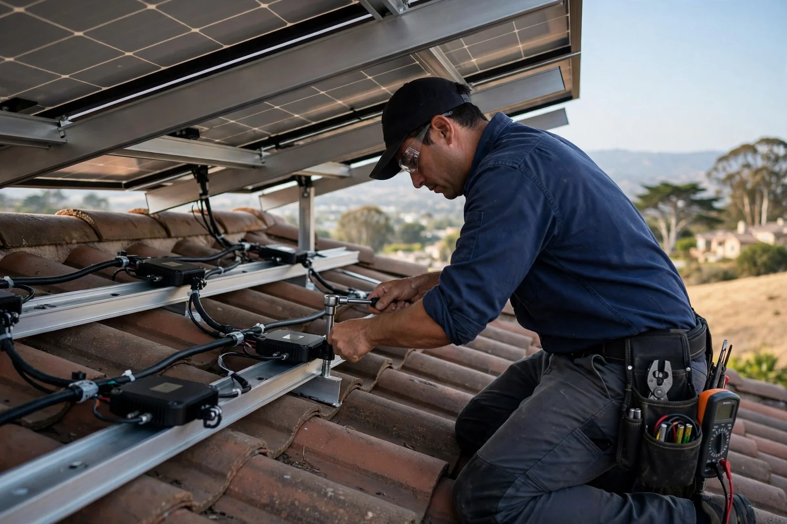 Microinverters installed under tile roof solar panels during array retrofit