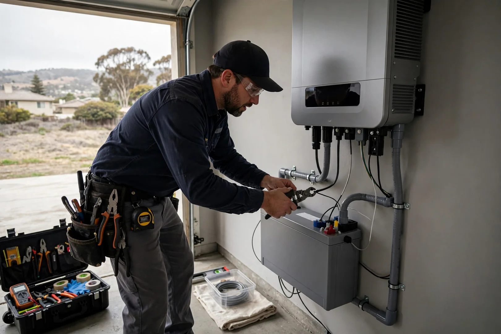 Hybrid inverter and wall battery wired together in a residential garage