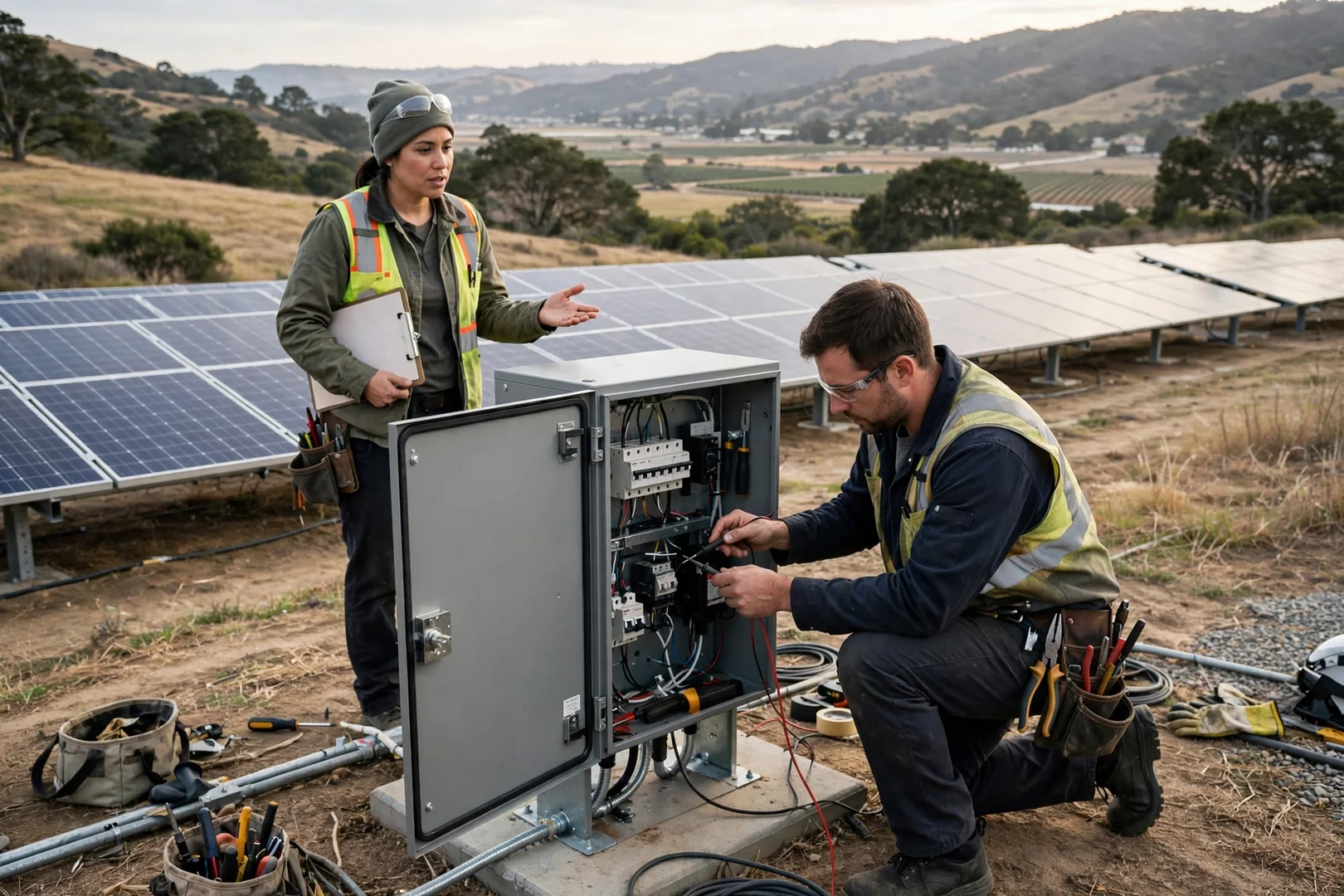 Ground-mounted solar array with replaced inverter cabinet on valley property