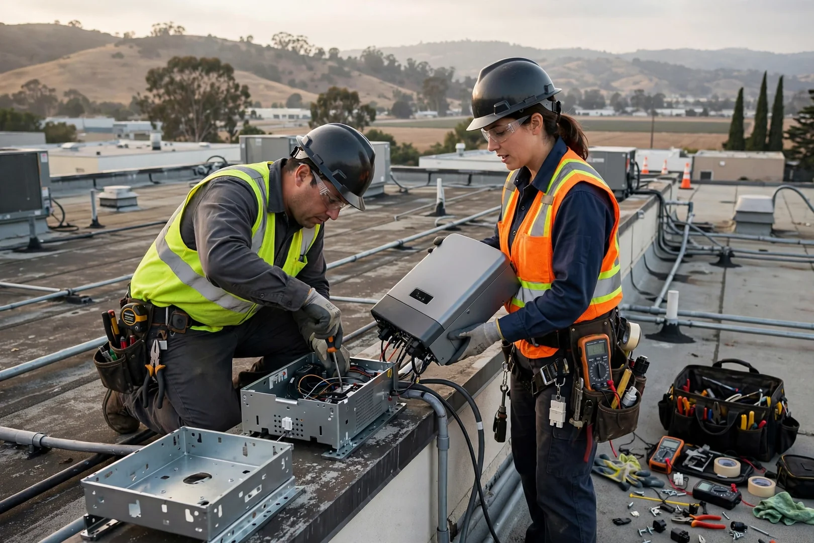Technicians replacing rooftop string inverters on a Salinas commercial building
