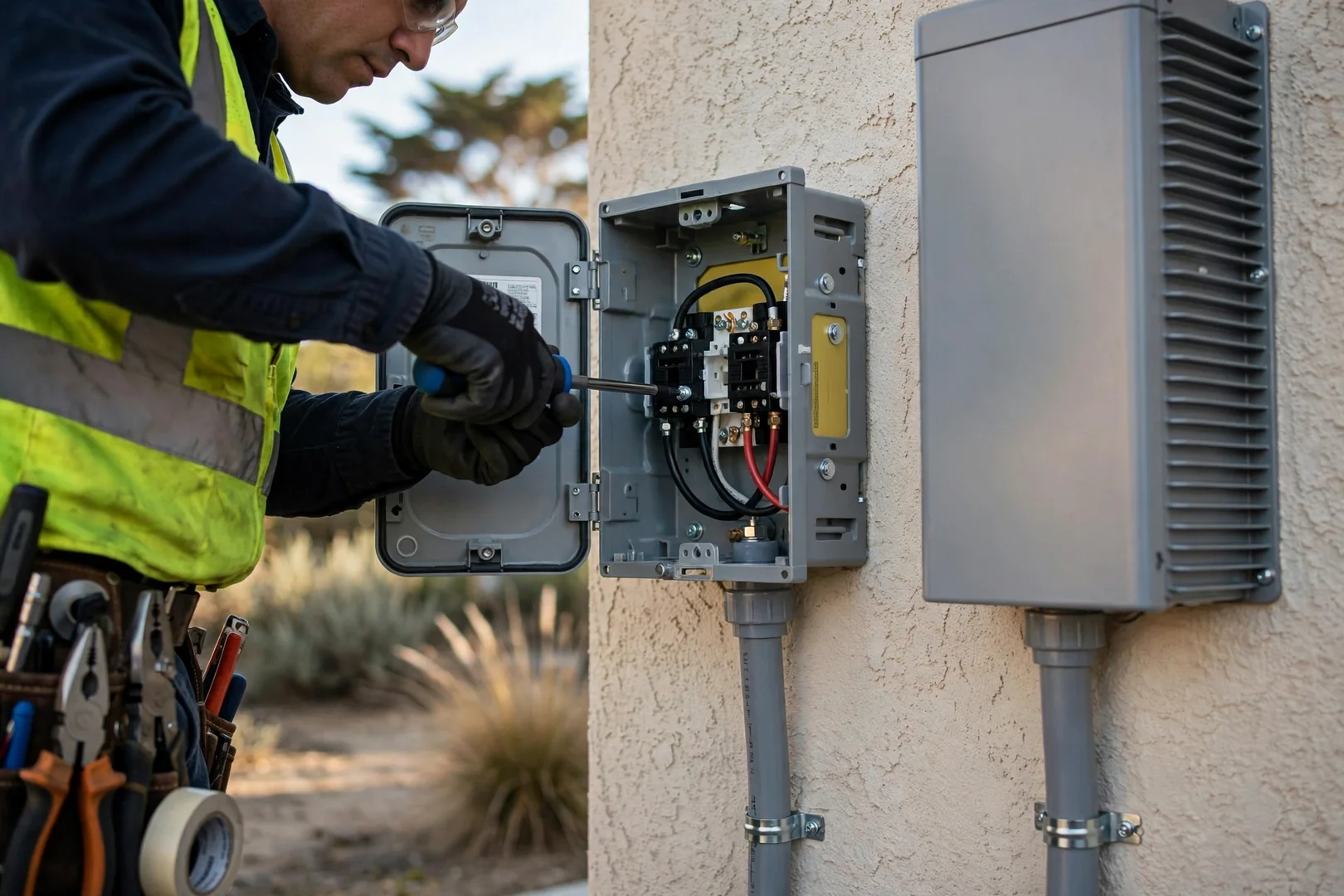 Close-up of rebuilt DC disconnect and sealed conduit beside solar inverter