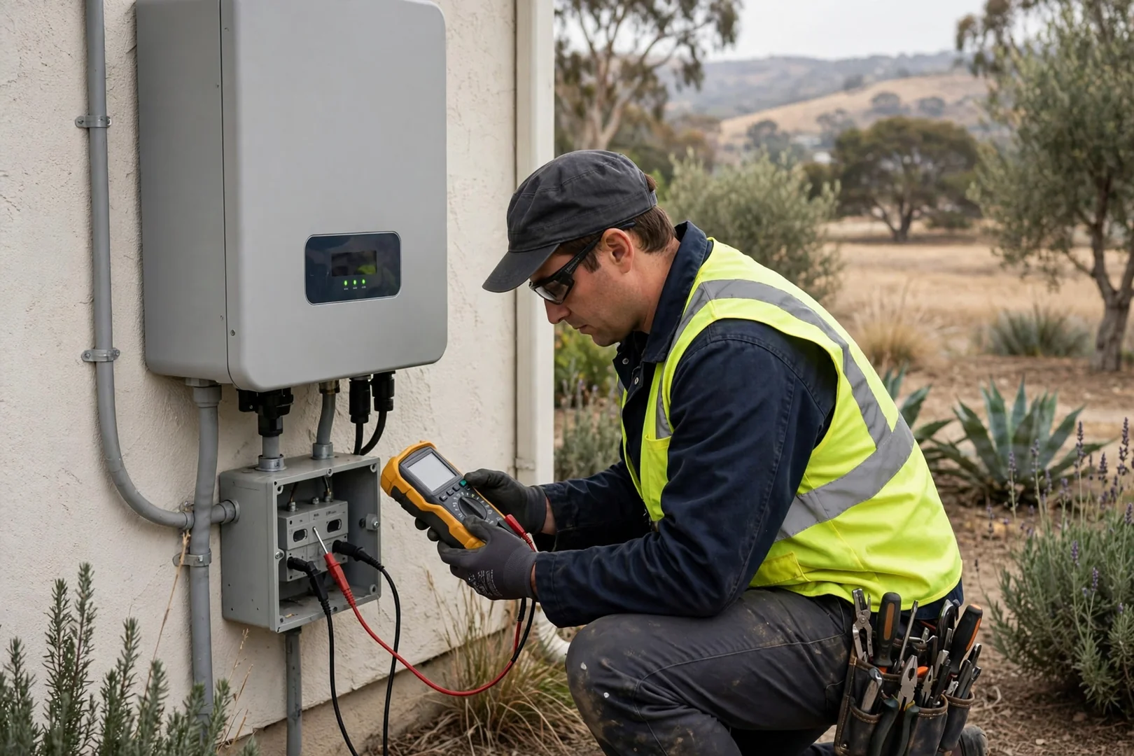Handheld meter and monitoring display showing verified inverter output readings
