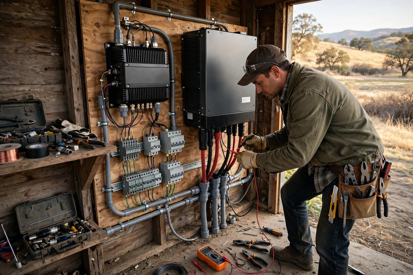 Off-grid inverter and charge controller mounted in a rural equipment shed