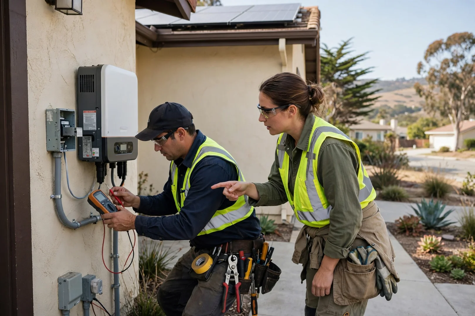 Technician wiring a replacement solar inverter on a home wall