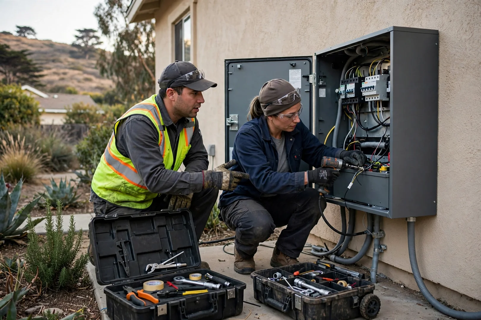 Installer testing string voltage on a damaged rooftop solar module with a multimeter