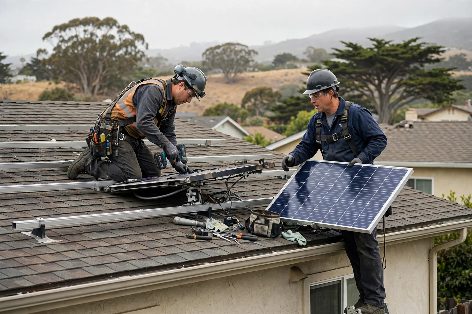 Wall-mounted solar battery wired to a garage service panel during commissioning