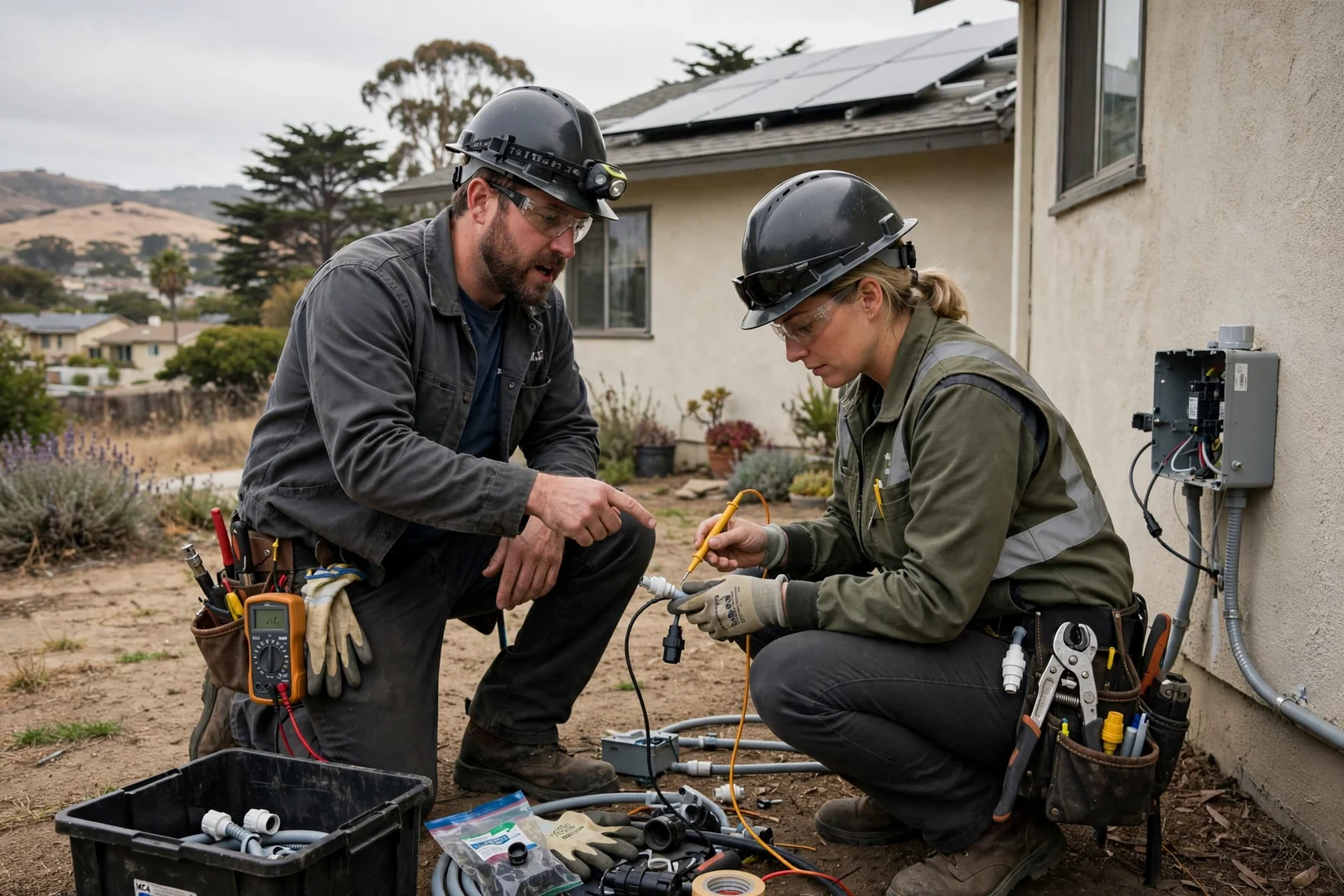 Solar technician reviewing install documentation with homeowner in Salinas