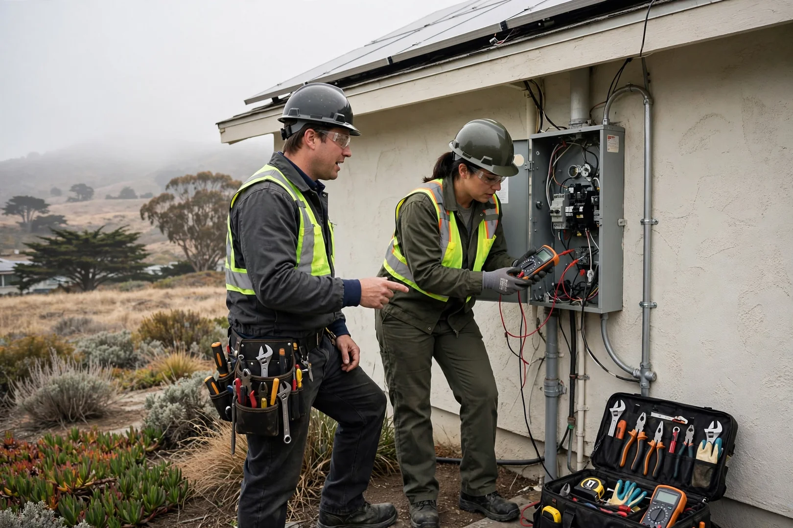 Installer testing string voltage with a clamp meter beside a ground-mounted solar array outside Salinas