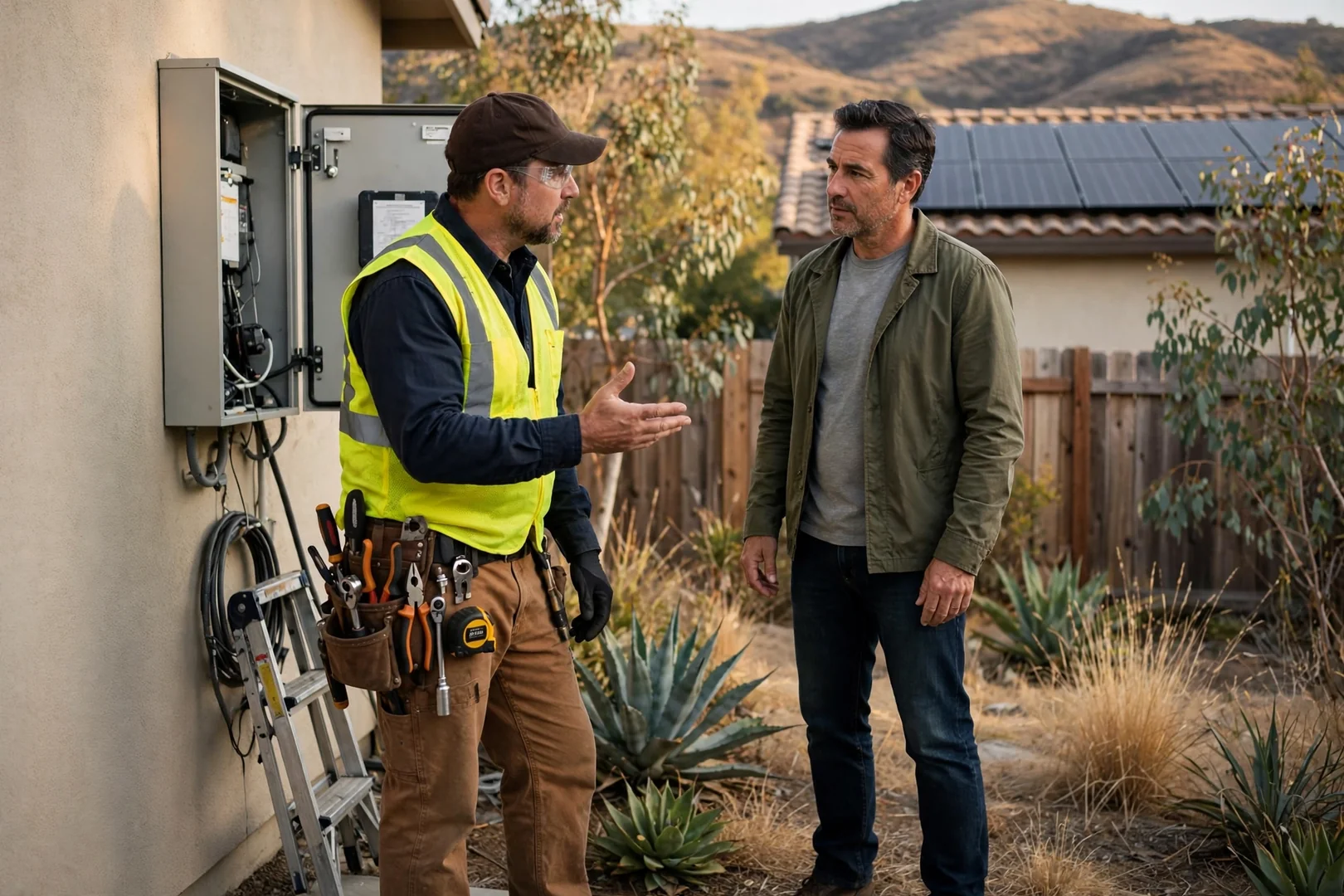 Solar technician reviewing rooftop array measurements with a homeowner outside a Salinas home