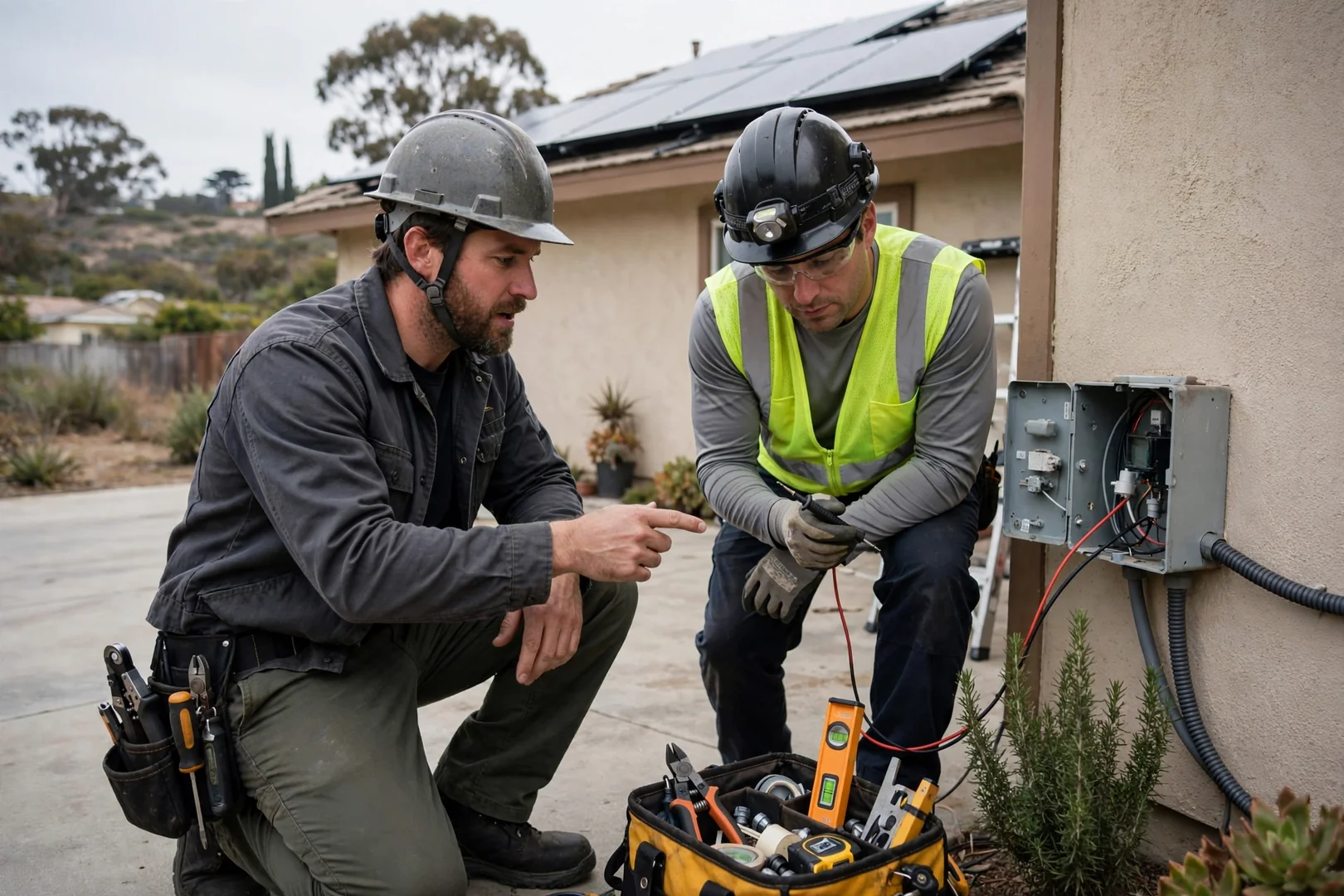 Homeowner and installer discussing solar inverter and battery options beside a garage wall