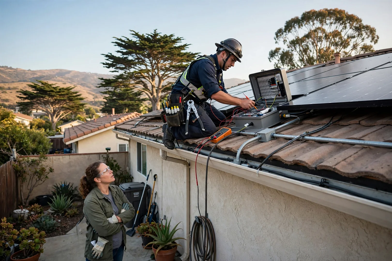 Technician testing inverter voltage on a residential solar array in Salinas
