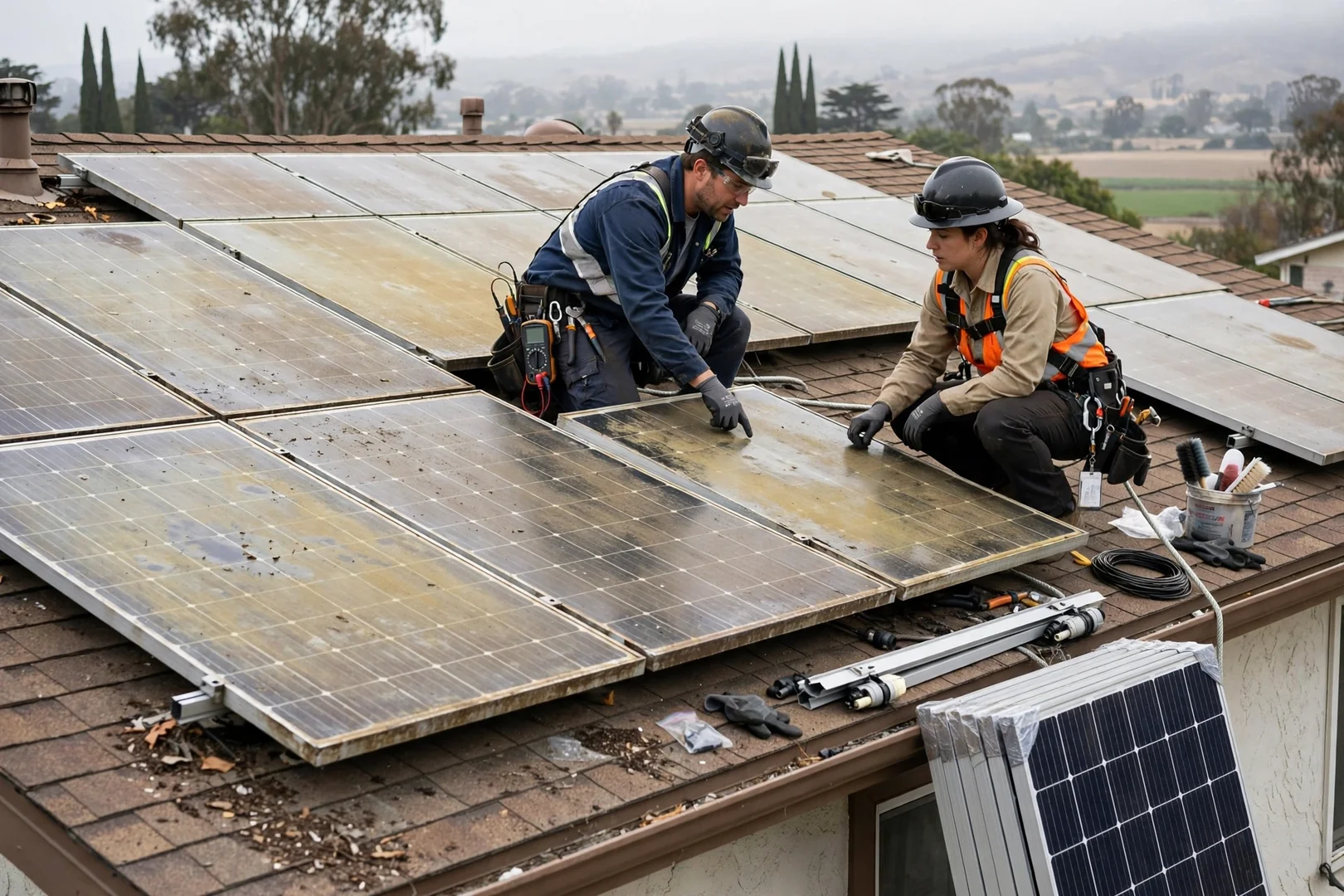 Aging discolored solar panels on a roof before scheduled replacement work begins
