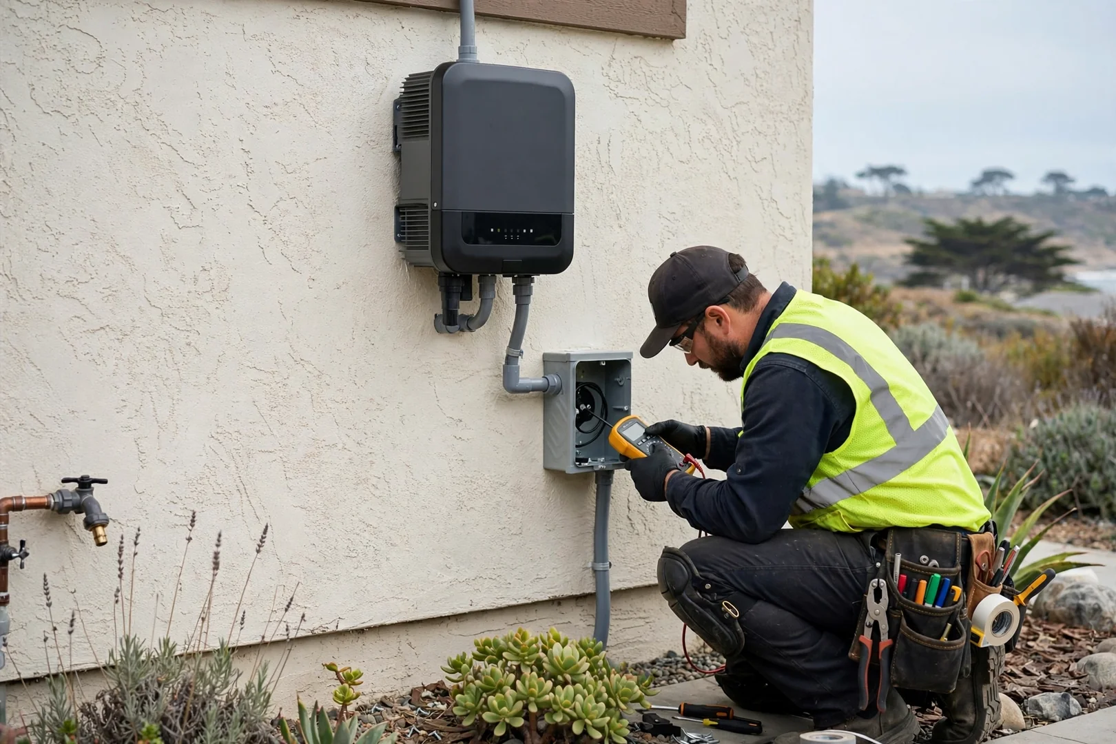 Newly installed string inverter and AC disconnect mounted on exterior stucco wall
