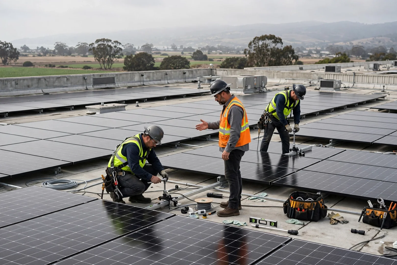 Large flat-roof commercial solar installation on a Salinas warehouse building
