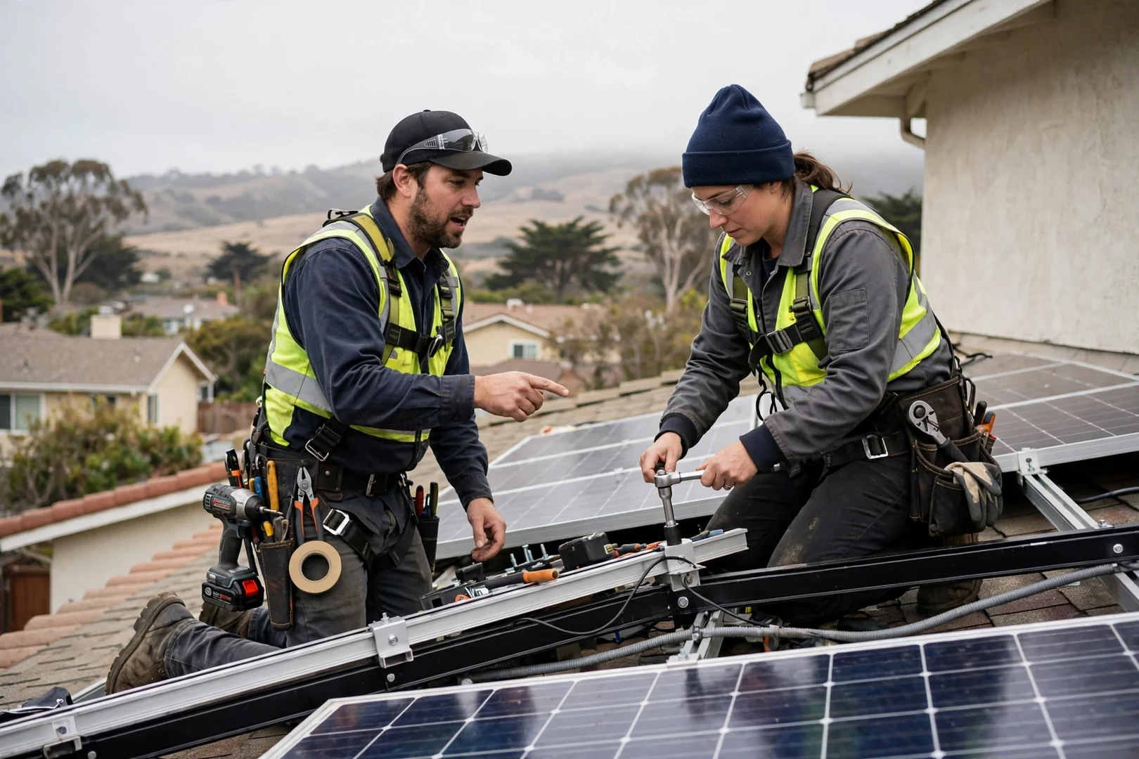 Solar technician in harness torque checking racking hardware on a Salinas rooftop array
