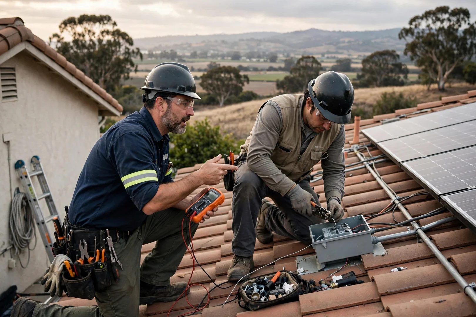 Solar technicians organizing racking rails, modules, and torque tools before a rooftop installation