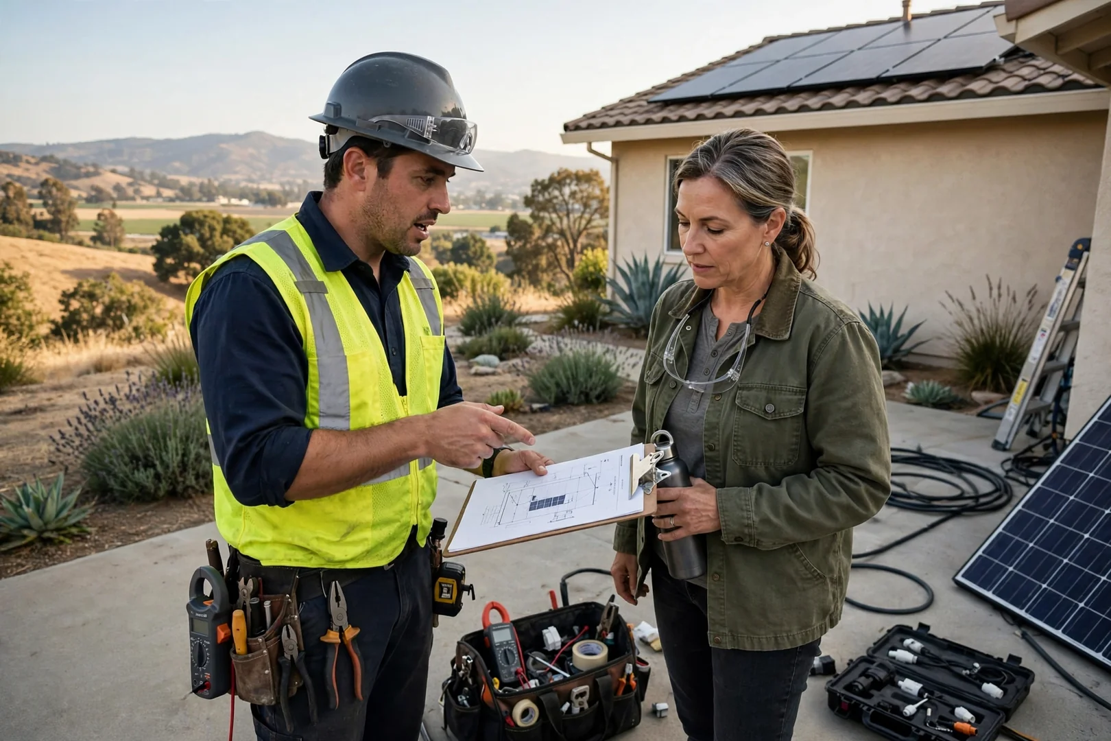 Solar technician reviewing a written repair estimate with a homeowner beside a Salinas rooftop array