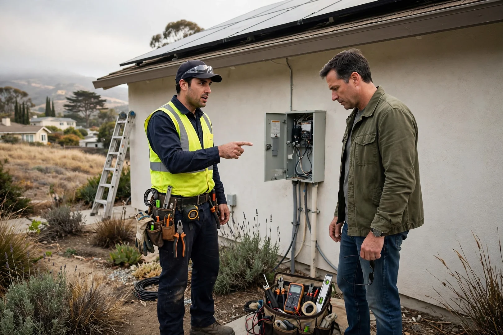 Technician testing rooftop solar panel wiring during a Salinas repair visit