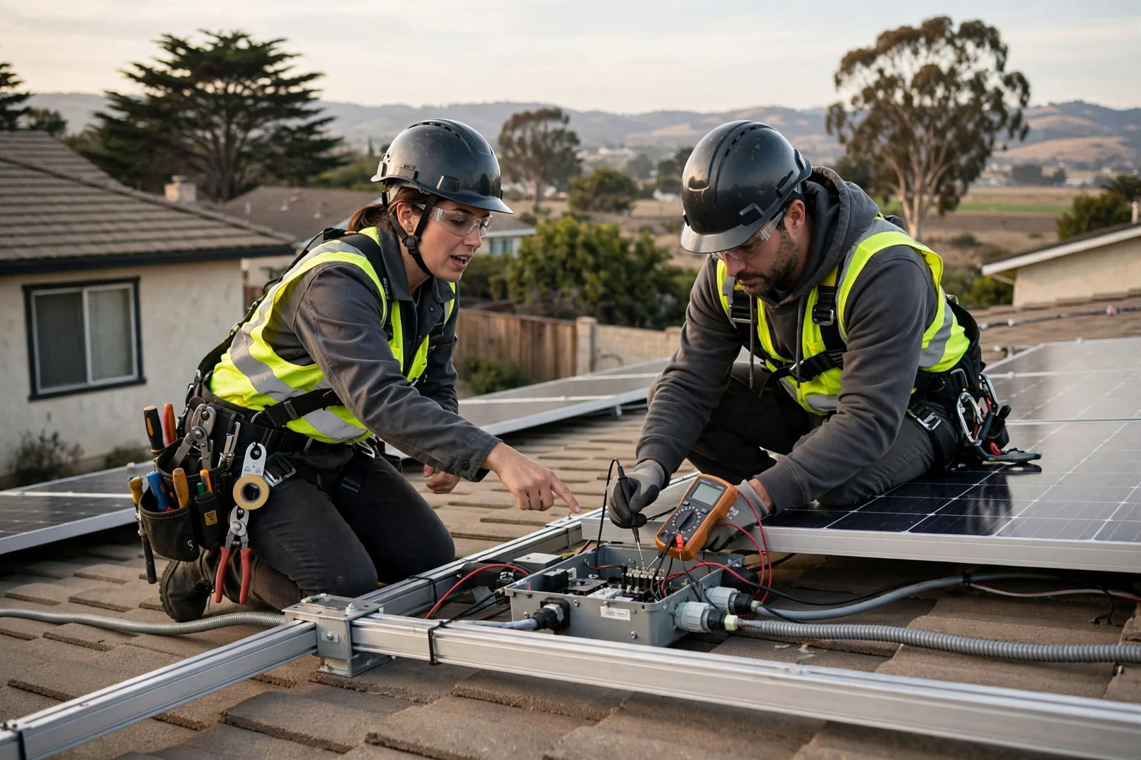 Technician testing rooftop solar module wiring during a panel repair visit in Salinas