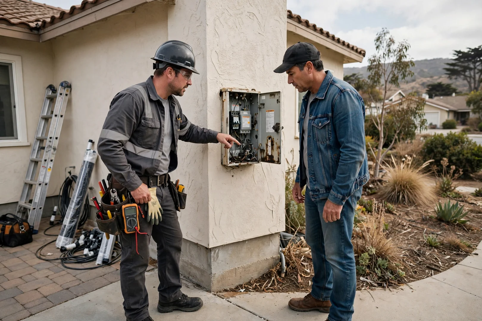 Technician inspecting a cracked rooftop solar module in Salinas
