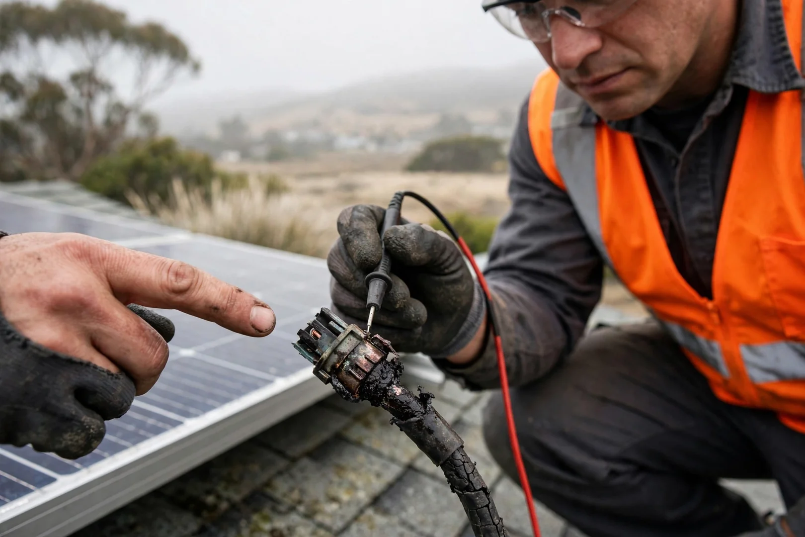 Corroded MC4 connector and wiring under a solar panel array