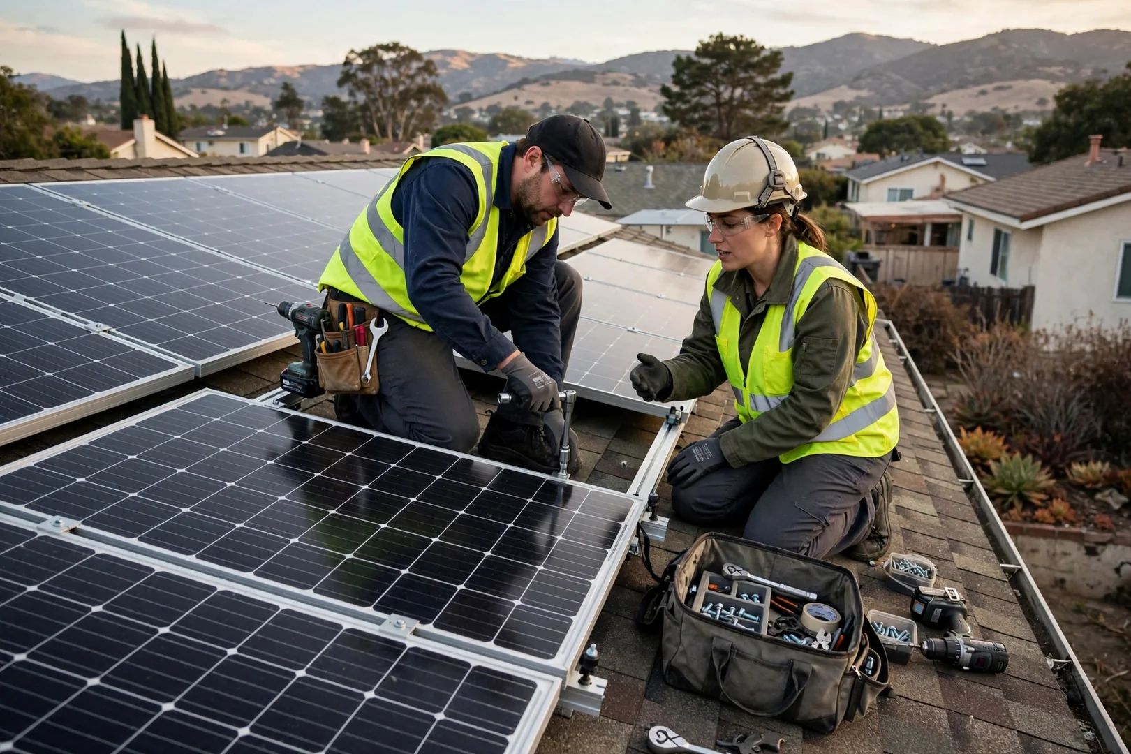 New replacement solar module secured in a residential rooftop array