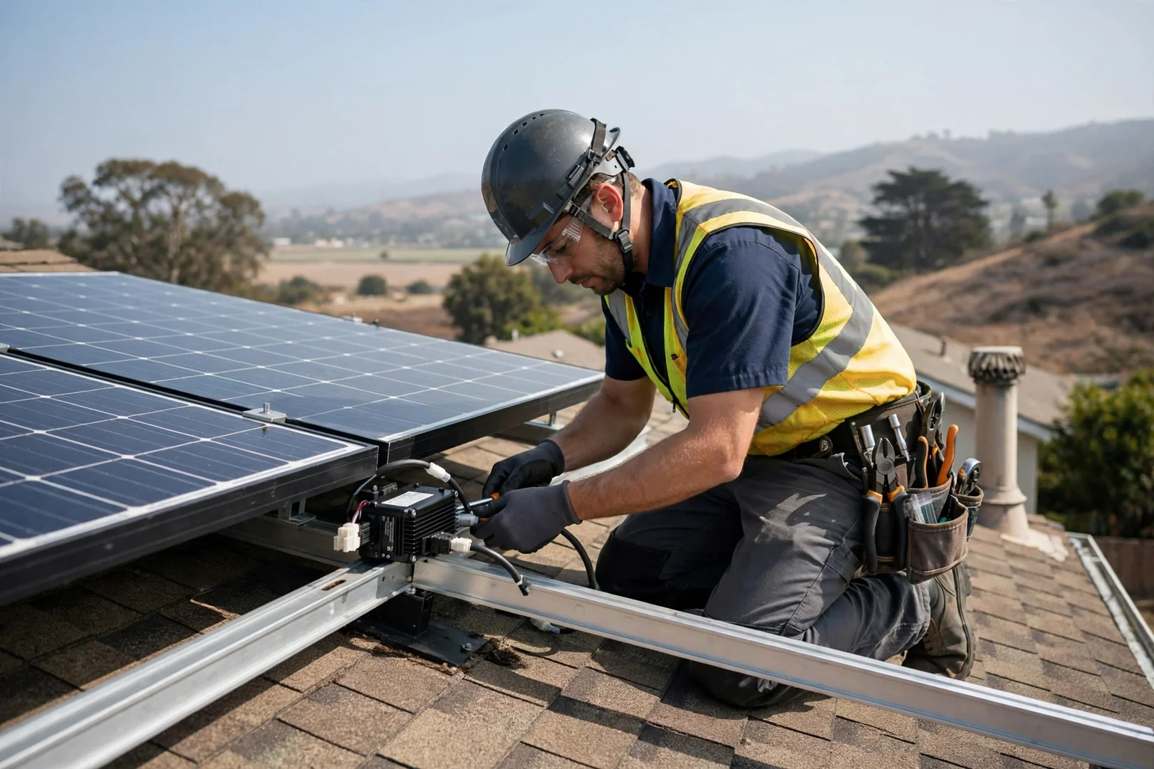 Technician mounting a module-level optimizer beneath a rooftop solar panel