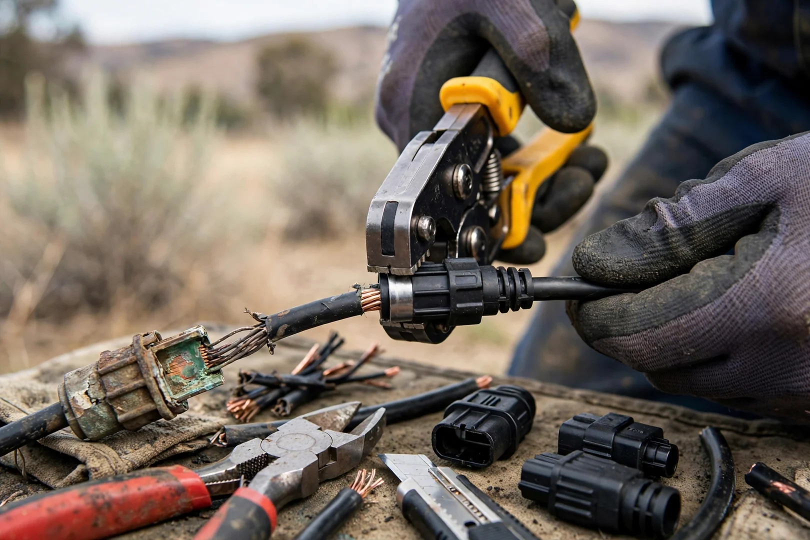 Close-up of freshly crimped solar connectors replacing corroded terminations