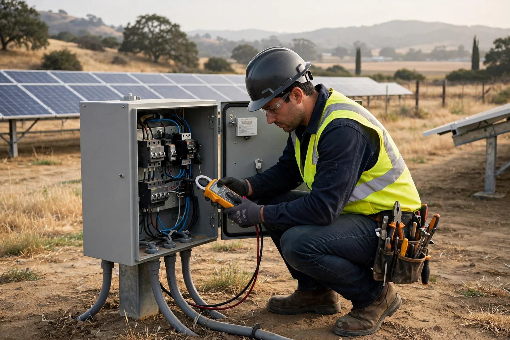 Meter reading taken at a ground-mounted solar array combiner box