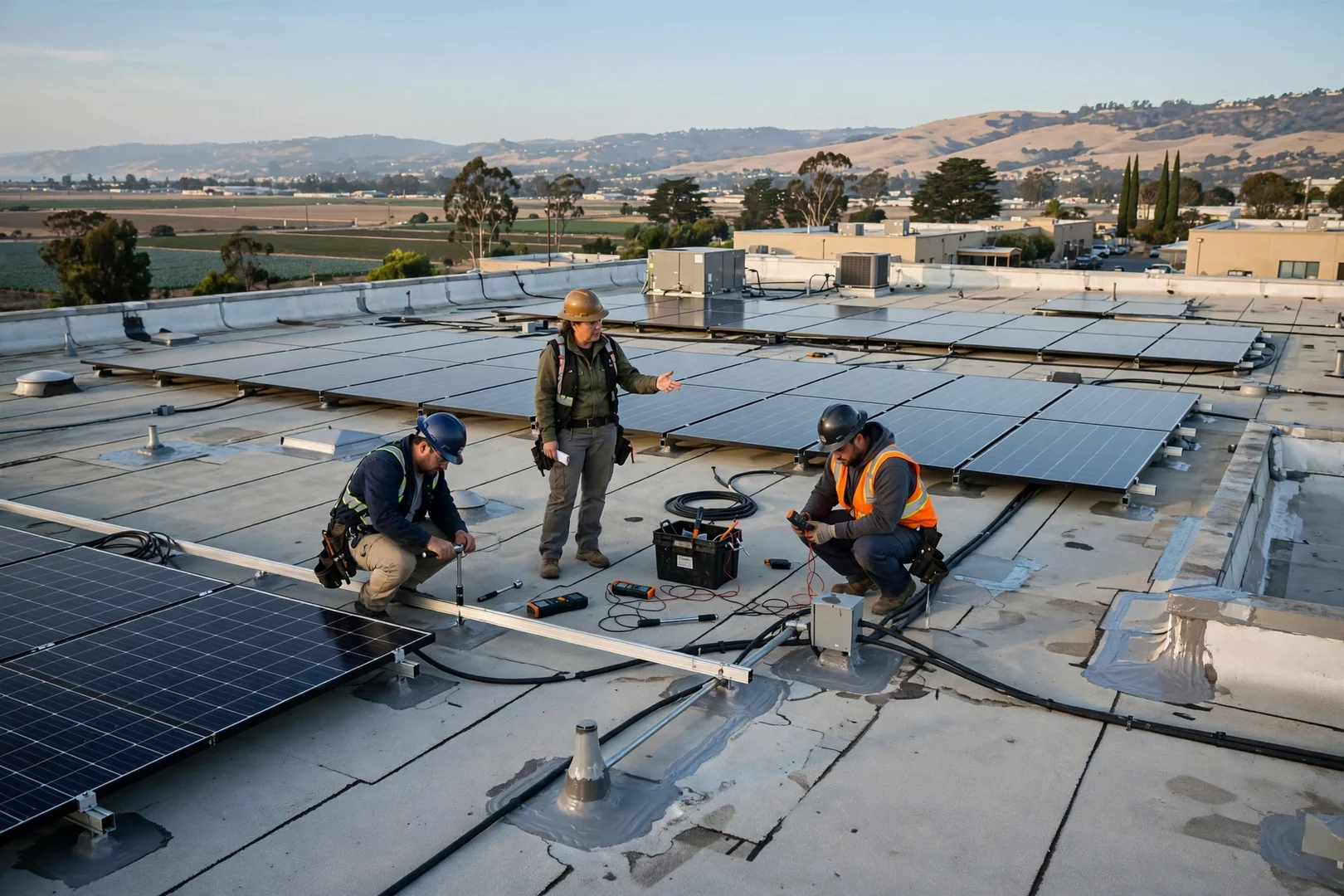 Wide view of a repaired commercial flat-roof solar array in Salinas