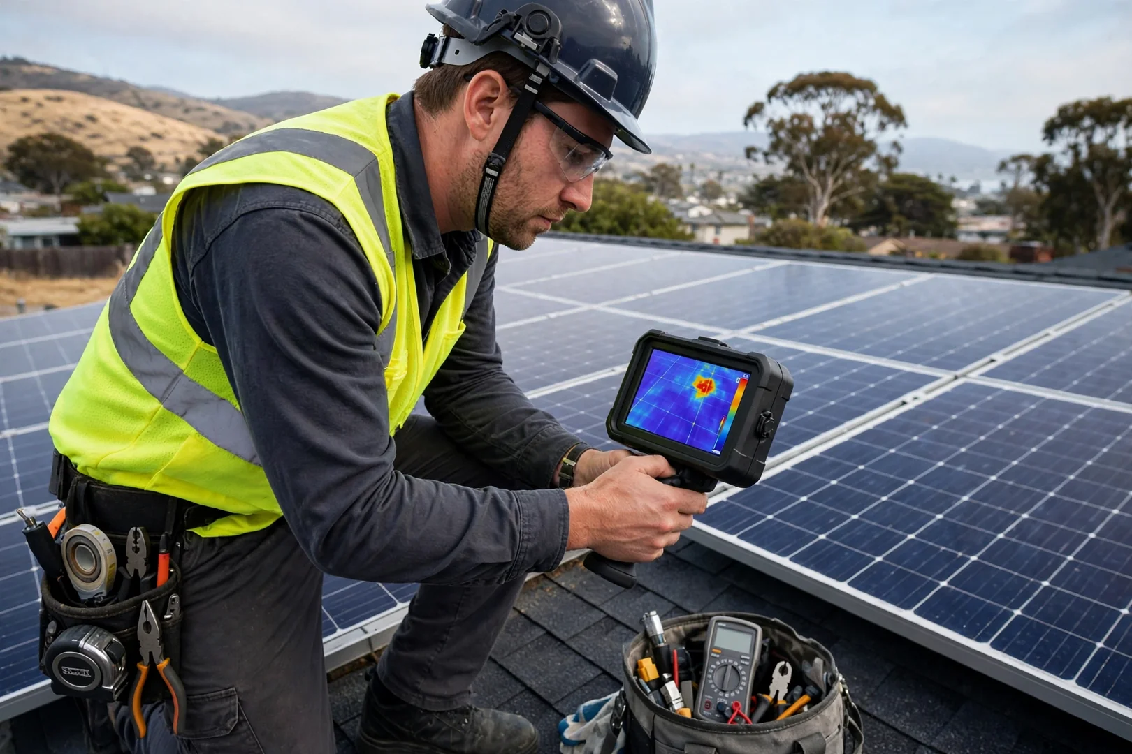 Thermal camera scan identifying a hot cell in a solar panel