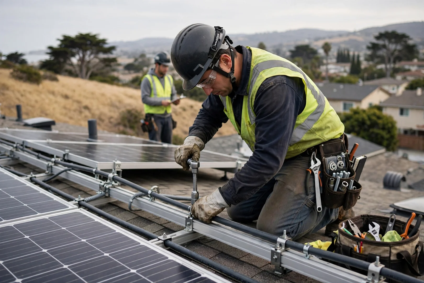 Rooftop solar racking rails and conduit clips retightened to specification
